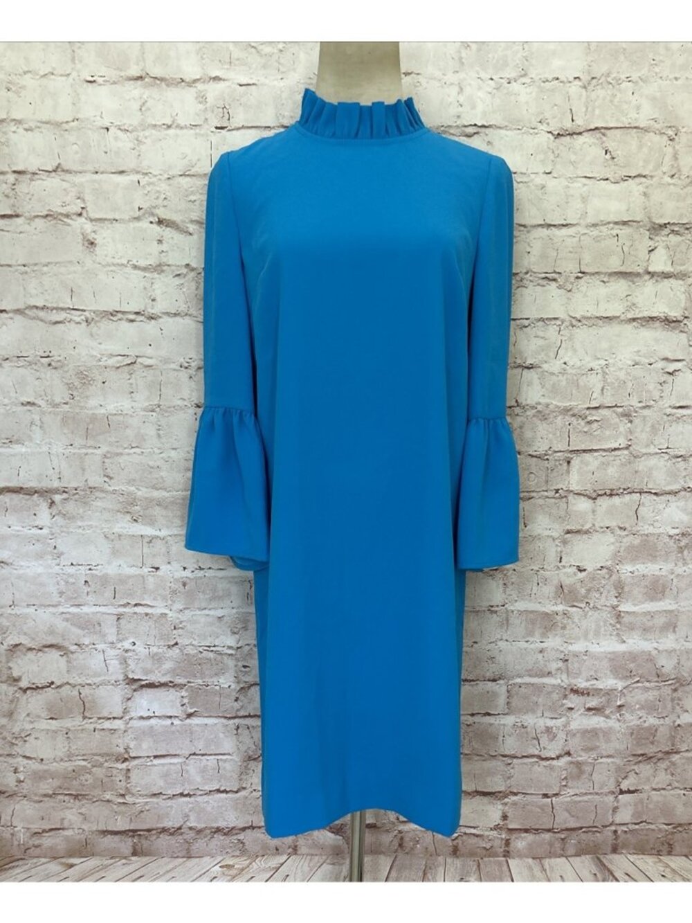 New J. Crew Dress 00 Turquoise Ruffle Neck Crepe 3/4 Bell Sleeves AK212 Shift
